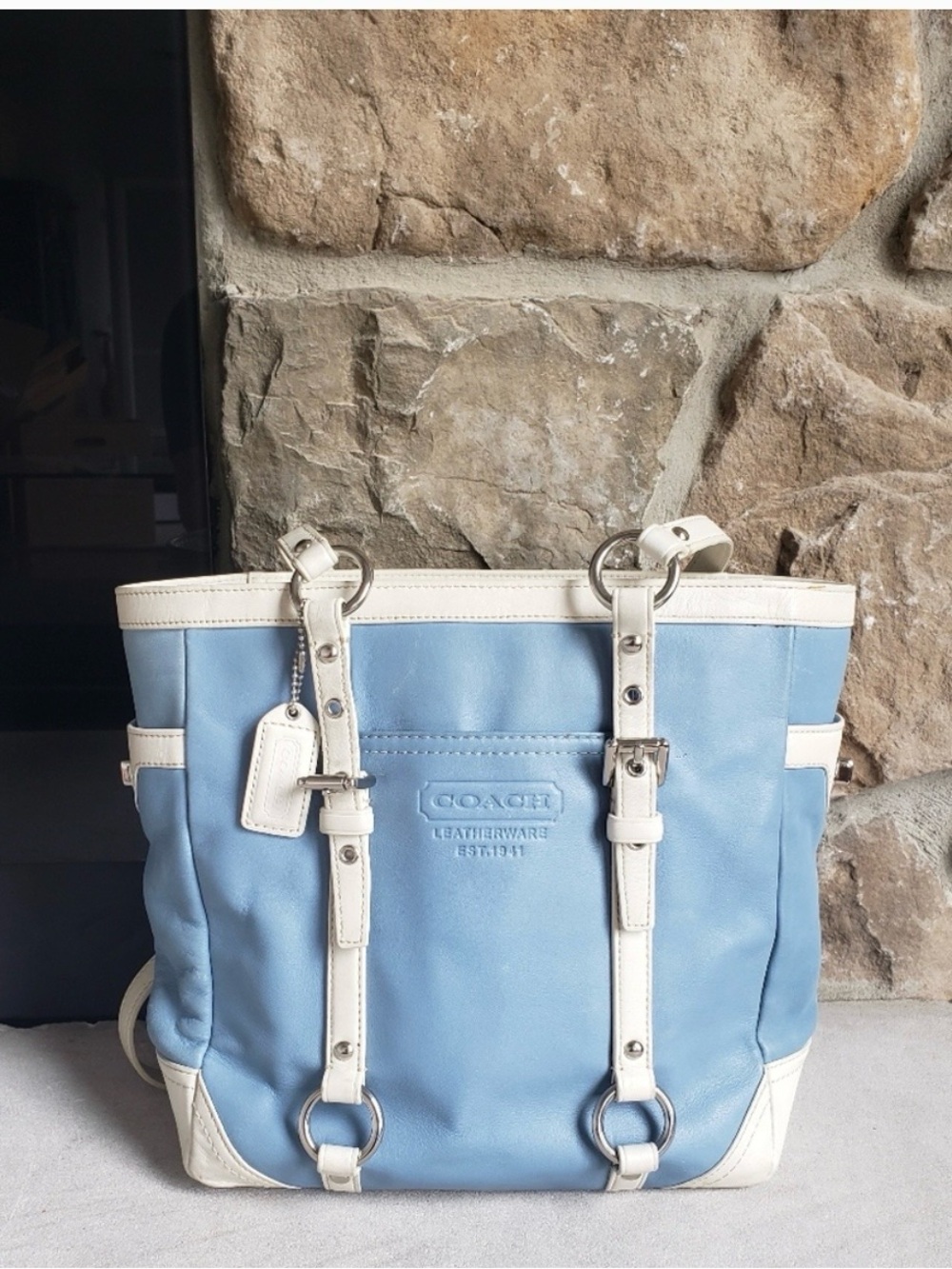 COACH Blue and White Leather Strap Tote